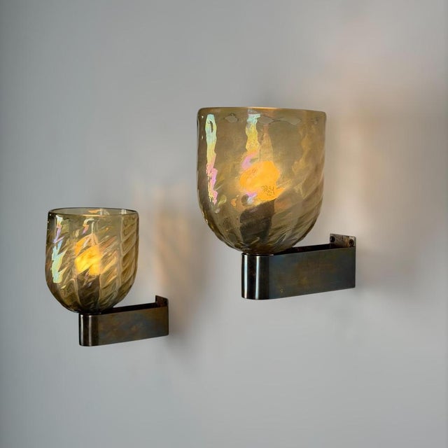 Iridescent Hammered Murano Glass Sconces attributed to Archimede Seguso, 1940s, Set of 2 For Sale - Image 3 of 16