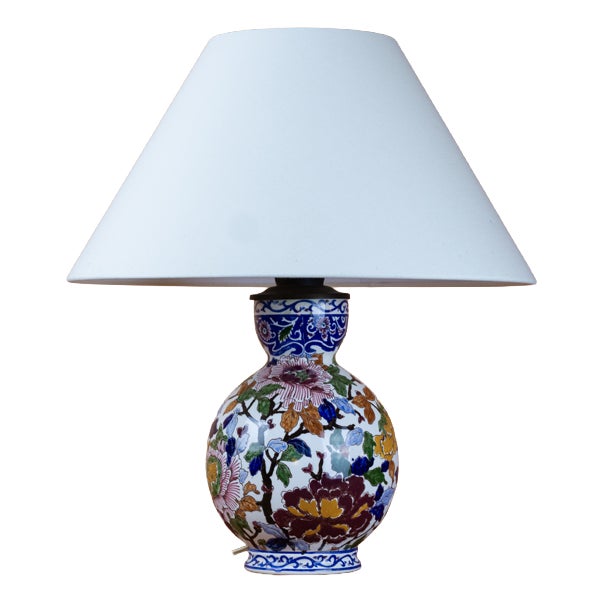 Polychrome Earthenware Lamp Base with Peony Decoration from Gien, France, 1971-1984 For Sale