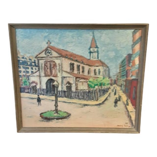 Vintage Framed Oil Painting of a Town Square For Sale
