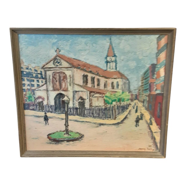 Vintage Framed Oil Painting of a Town Square For Sale