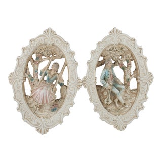 Vintage 1962 Jayess United Chicago Chalkware Wall Plaques Rococo Couple Set of 2 For Sale