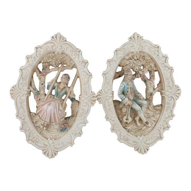Vintage 1962 Jayess United Chicago Chalkware Wall Plaques Rococo Couple Set of 2 For Sale