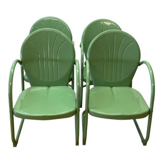 Set of Four Vintage Mint Green Enameled Metal Patio Garden Chairs C.1940s For Sale