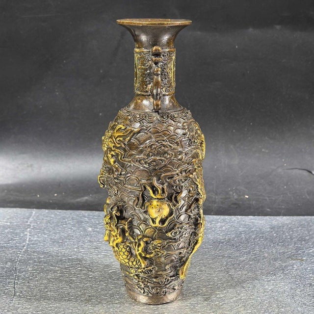 Late 20th Century Late 20th Century Gilt Bronze Vase With Dragon & Phoenix Relief For Sale - Image 5 of 8
