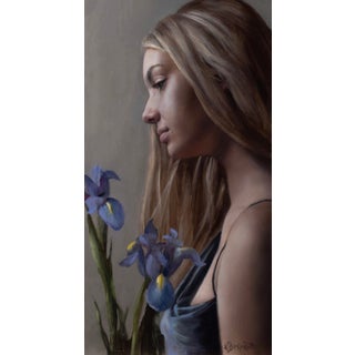 Rêveuse by Kelly Birkenruth | Oil on panel Portrait of a woman with irises For Sale