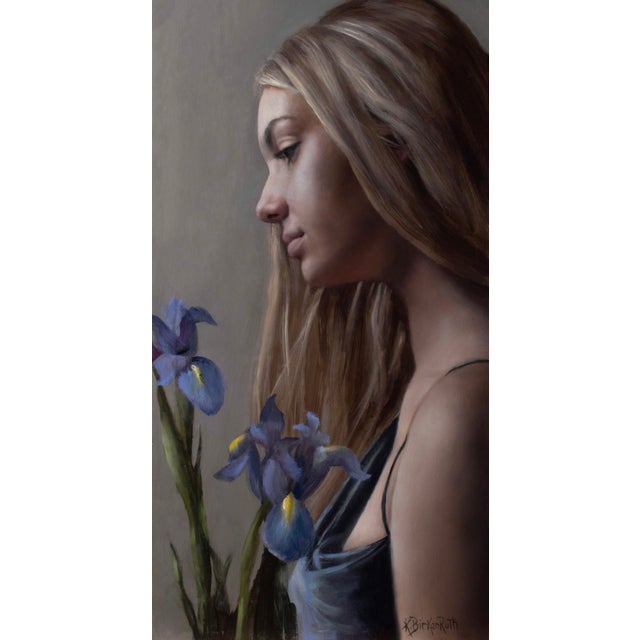 Rêveuse by Kelly Birkenruth | Oil on panel Portrait of a woman with irises For Sale