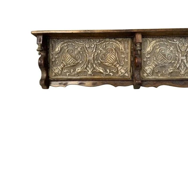 Pair of Vintage 79" Long/Wide Distressed Wood & Pressed Tin Architectural Wall Shelves For Sale - Image 13 of 15