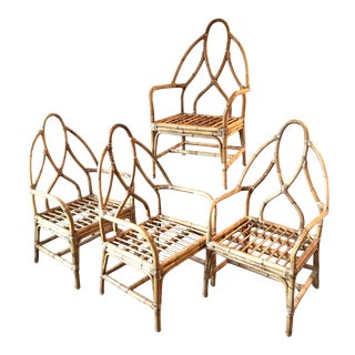 Vintage McGuire Barbini Style Bamboo Rattan Leather Loop Dining Chairs - Set 4 For Sale
