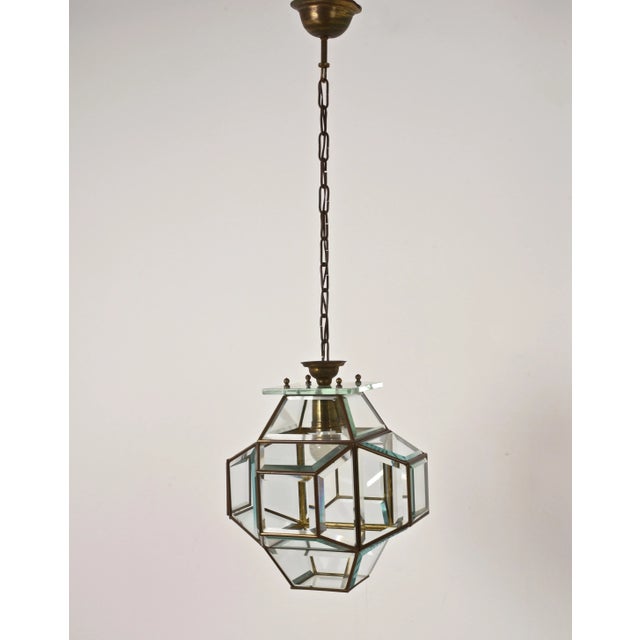 Metal Large Italian Lantern in Brass & Cut Glass, 1950s For Sale - Image 7 of 17