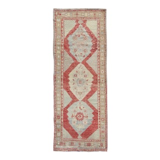 Vintage Turkish Oushak Medallion Runner in Soft Red, Lt. Blue, Cream For Sale