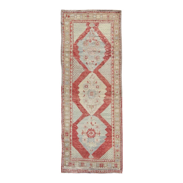 Vintage Turkish Oushak Medallion Runner in Soft Red, Lt. Blue, Cream For Sale