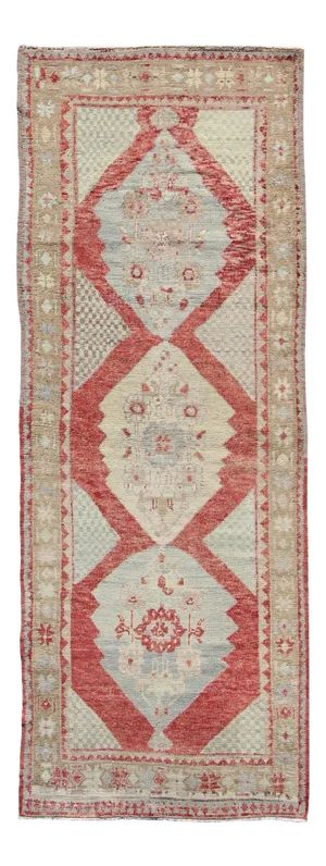 Vintage Turkish Oushak Medallion Runner in Soft Red, Lt. Blue, Cream