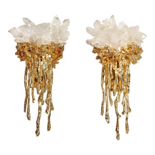 Pair of Modernist Sconces in Exploded 24k Gilt Bronze & Crystal by Claude Boeltz For Sale