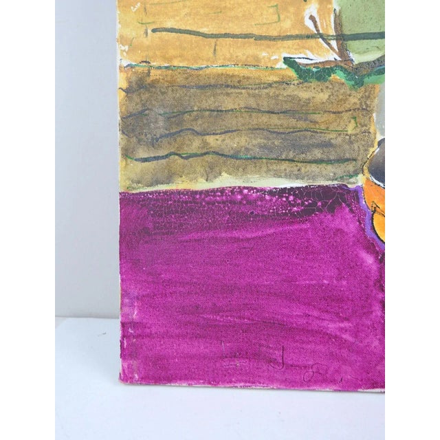 Vintage Mid 20th Century Abstract Modernist Still Life Violet Flowers Painting For Sale - Image 4 of 7