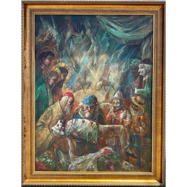 Jonah Kinigstein, Large Oil Painting Circus Scene Clowns Rediscovered NY Artist Jonah Kinigstein, c. 1950s For Sale - Image 13 of 16