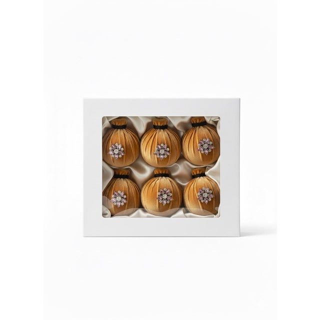 Hollywood Regency Heirloom 4" Dark Gold Velvet Ornaments With Jeweled Accent - Set of 6 Oversized Baubles in Satin-Lined Gift Box, Hollywood Regency Style, Artisan Made For Sale - Image 4 of 5