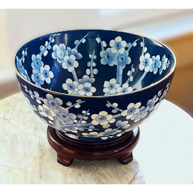 Wood Chinese Cherry Blossom Bowl on a Wooden Stand For Sale - Image 7 of 11