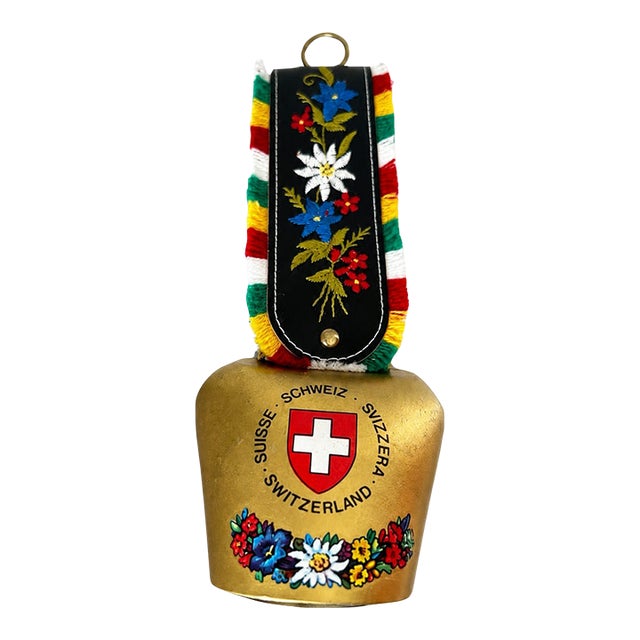 Late 20th Century Swiss Alpine Decorative Cowbell With Floral Embroidered Strap For Sale