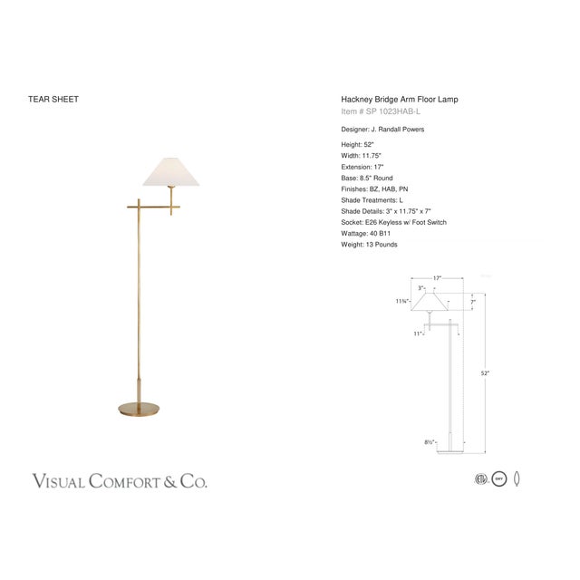 J. Randall Powers by Visual Comfort Signature Hackney Bridge Arm Floor Lamp in Hand-Rubbed Antique Brass with Linen Shade...