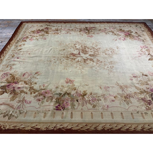 Ivory 1850s Ivory Ground Floral Medallion Antique French Aubusson Flatweave Wool Rug For Sale - Image 8 of 8