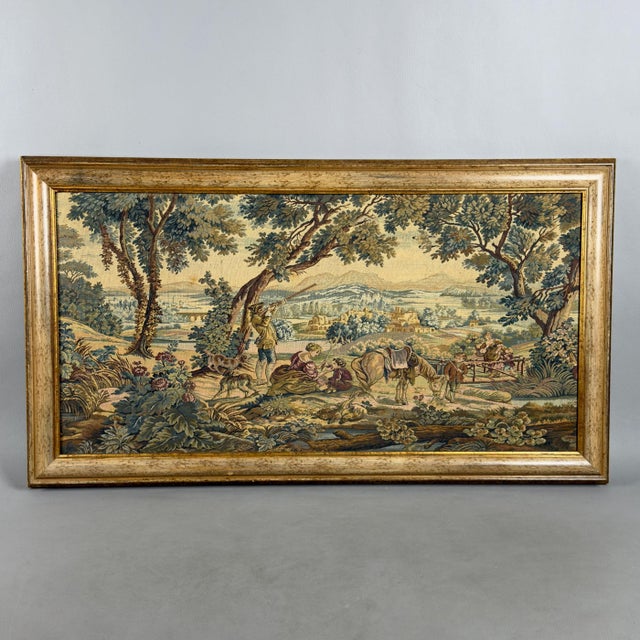 Tapestry Pastoral Scene Landscape Forest in Wooden Frame, 1900s For Sale - Image 10 of 10