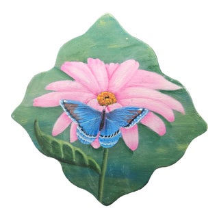 Vintage Hand-Painted Wooden Plaque Depicting a Butterfly on Flower For Sale
