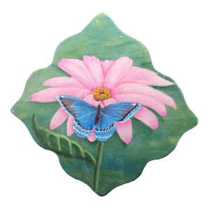 Vintage Hand-Painted Wooden Plaque Depicting a Butterfly on Flower