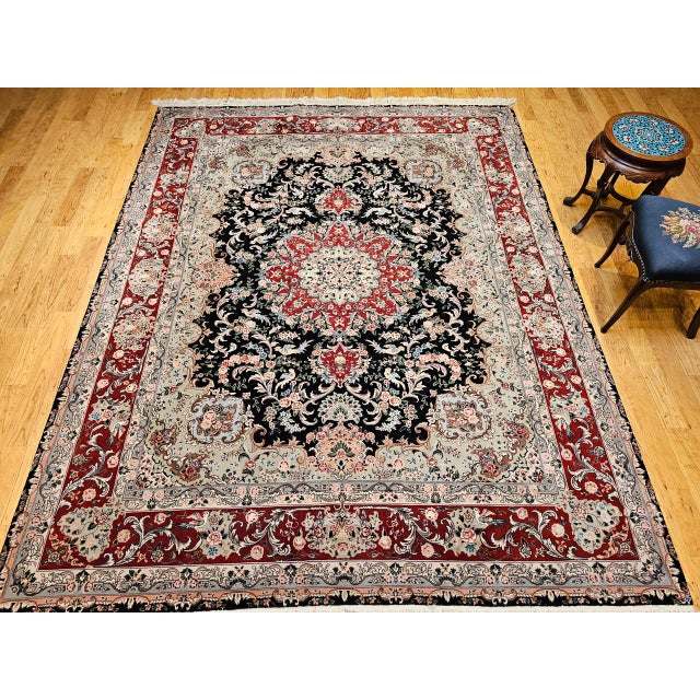 Black Vintage Persian Tabriz Rug, Hand-Knotted Wool & Silk, Floral Garden Pattern, Black & Red, 8x10 For Sale - Image 8 of 18
