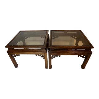 Vintage 1970s Chinese Ming Chinoiserie Style Two Piece Coffee Table Set With Smoke Glass Top For Sale