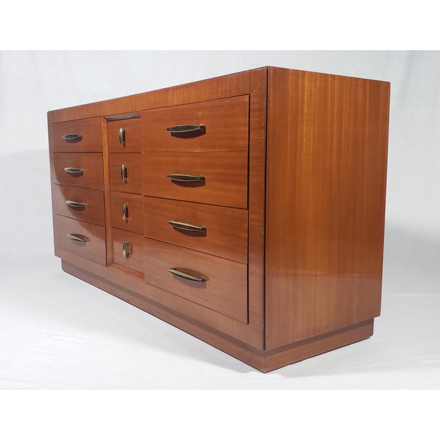 Vintage Original 1950s All Wood 12 Drawer Dresser W/Original Brass Handles and Hidden Bottom Wheels For Sale In Baltimore - Image 6 of 12