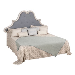 Italian Upholstered King Headboard With Antique White Finish For Sale
