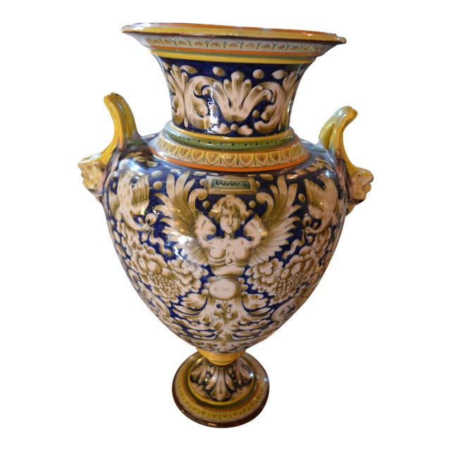 Antique Italian Hand Painted Art Pottery Majolica Urn Vase With Handles