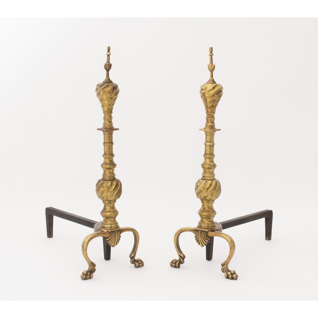 Traditional Pair of Federal Style Brass Andirons For Sale - Image 3 of 10