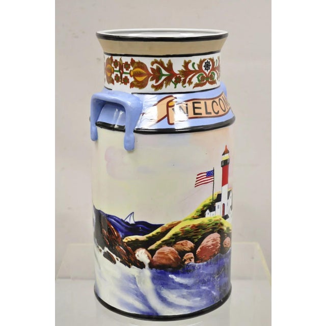 Ceramic Late 20th Century Vintage Nautical Painted Lighthouse and Flag Ceramic Umbrella Cane Holder For Sale - Image 7 of 11