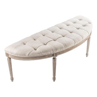 Louis Demilune Curve Tufted Bench - Natural Linen / Stained Oak Frame For Sale