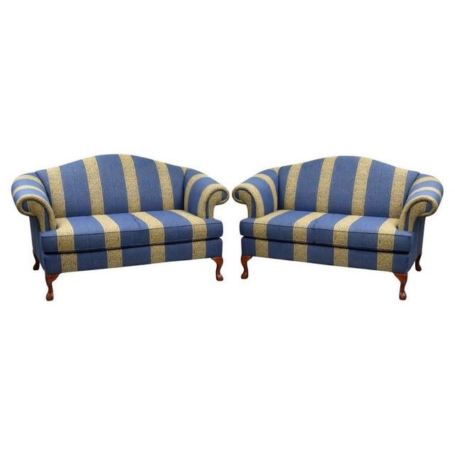 Blue and Golden Striped Damask Upholstered Sofas, 1980, Set of 2 For Sale - Image 6 of 6