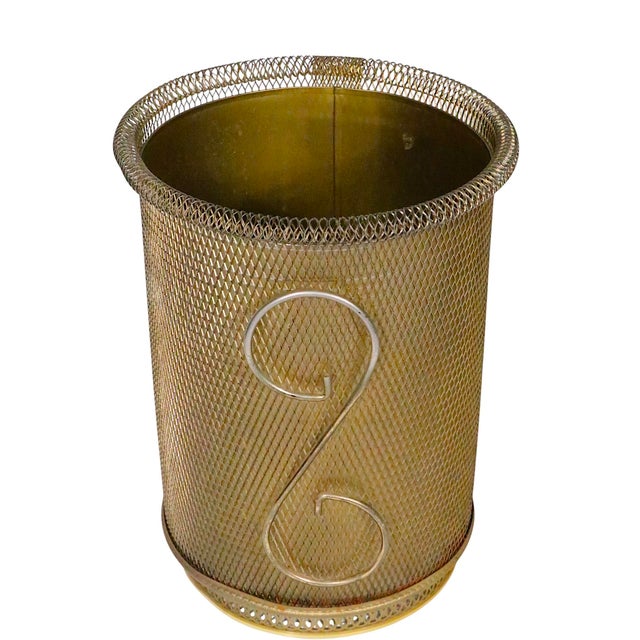 Mathieu Matégot Mid 20th Century Hollywood Regency Gold Tone Metal Mesh Trashcan For Sale - Image 4 of 12