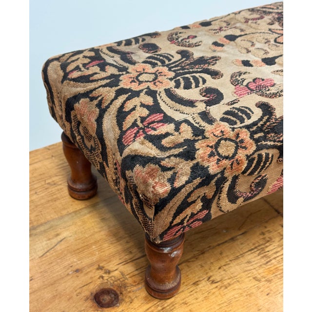 Antique Floral Upholstered Footstool W/ Turned Wood Legs For Sale - Image 11 of 11