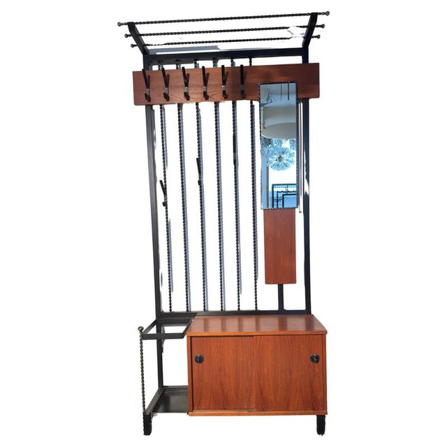 Teak Hall Coat Rack with Storage and Mirror, Belgium, 1960s For Sale - Image 3 of 9
