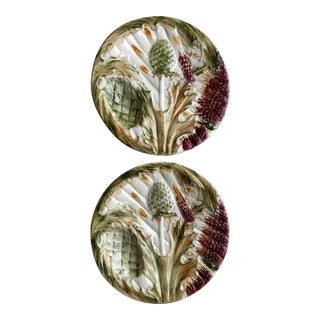 Vintage Italian Majolica Artichoke Plates – Set of 2 Hand-Painted Ceramic Plates For Sale