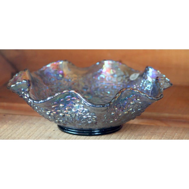 Art Nouveau 1970s Fenton Art Glass Iridescent Ice Blue Cherry Chain Bowl With Orange Tree Exterior For Sale - Image 3 of 11