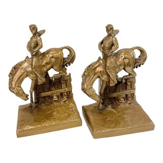 Mid 20th Century Ranch Rodeo Western Cowboy Horse and Rider Solid Cast Bronze Bookends - a Pair For Sale