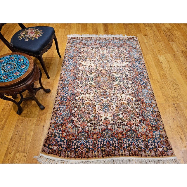 Ivory Vintage Persian Kerman Lavar Rug, Hand-Knotted Wool & Silk, Allover Floral Pattern, Ivory & Blue, 4x7 For Sale - Image 8 of 17