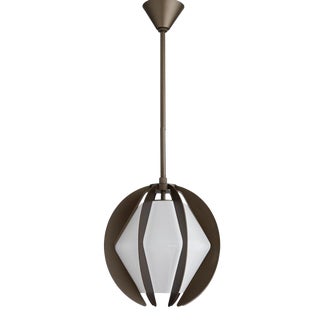 Arteriors Industrial Modern Aged Iron and Opal Glass Indoor/Outdoor Puzol Pendant For Sale