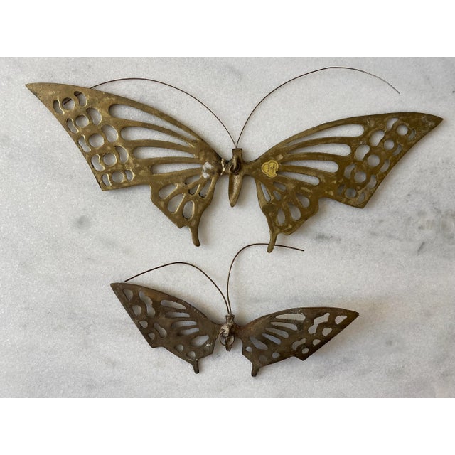 Brass A Pair of Vintage Soild Brass Butterfly Wall Hangings For Sale - Image 8 of 9