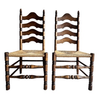 Vintage Pair of French Country Ladder Back Rush Seat Chairs For Sale