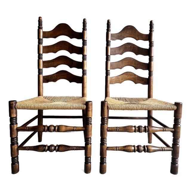 Vintage Pair of French Country Ladder Back Rush Seat Chairs For Sale