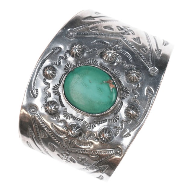 6.75" c1930's Navajo Curio whirling logs cuff bracelet with turquoise For Sale