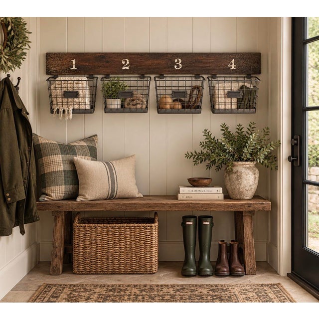 Pottery Barn Rustic Industrial 4-Basket Wall Organizer With Numbered Wood Backboard For Sale - Image 10 of 12