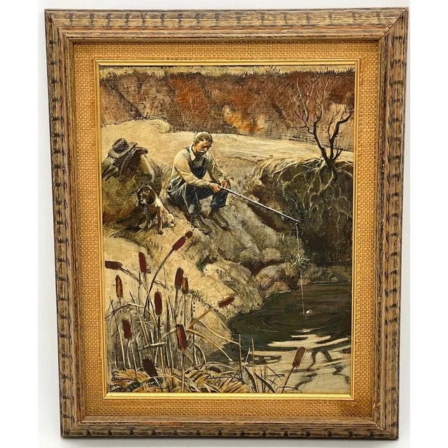 American School Oil Painting - Fishing Landscape with Seated Old Man, Dog, and Fishing Pole at the Pond, Signed 'Baldwin'...